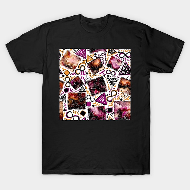 Watercolor Squares with Outer Space, Black Triangles and Little Dots T-Shirt by Cordata